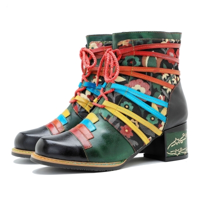 Vintage Handcrafted Colorful Strap Patchwork Ankle Boots