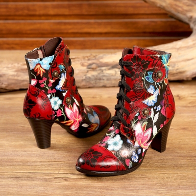Leather Hand Embossed Adjustable High Heel Boots