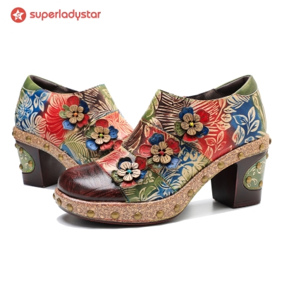Retro Floral Handmade Rivet Comfort Block Heel Pumps
