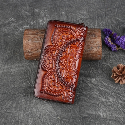 Embossed Zipper Cowhide Vintage Leather Wallet