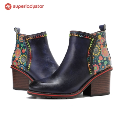 Vintage Handmade Stitching Comfort Chunky Heel Booties