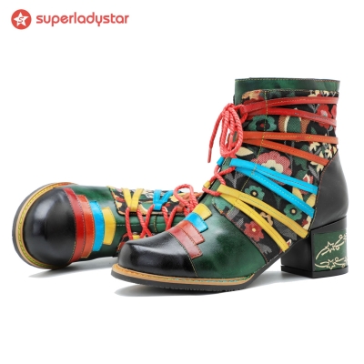 Vintage Handcrafted Colorful Strap Patchwork Ankle Boots
