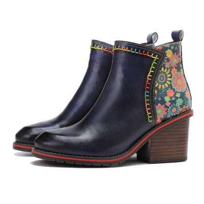 Vintage Handmade Stitching Comfort Chunky Heel Booties