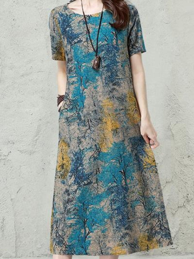 Floral Printed  Short Sleeve Vintage Dresses