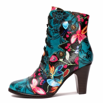 Leather Hand Embossed Adjustable High Heel Boots