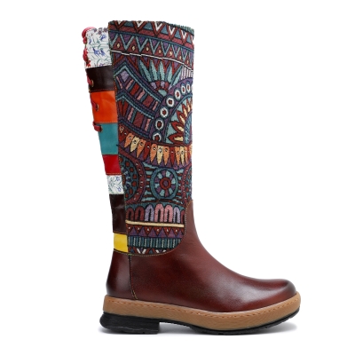 Bohemian Leather Splicing Pattern High Tube Boots