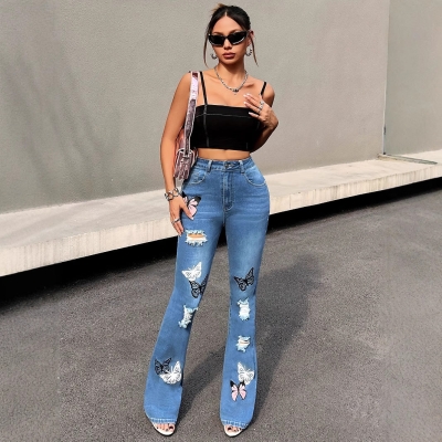 Stretch High-Waist Slim Fit Butterfly Flared Jeans