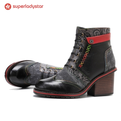 Retro Patchwork Color Contrast Comfort Block Heel Booties