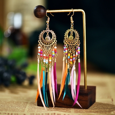 Vintage Cutout Feather Fringe Bohemian Earrings