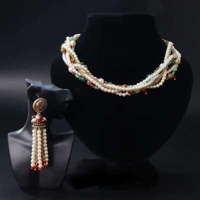 Vintage Exaggerated Baroque Pearl and Agate Multi-Layer Necklace